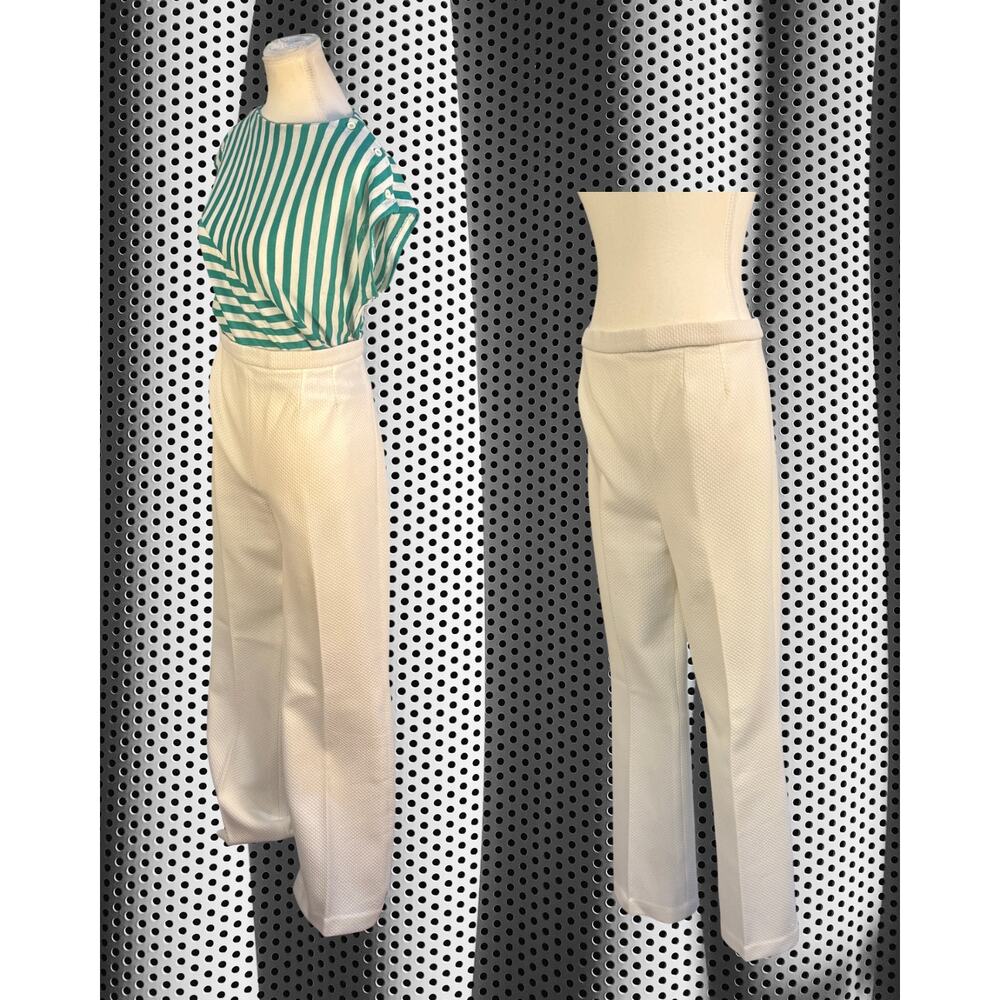 Vintage 70s Groovy White Waffle Knit Dagger Collar Blazer Flare Pants Set M/L - Picture 5 of 7